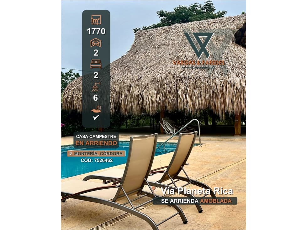 CASA CAMPESTRE AMOBLADA EN VENTA Y ARRIENDO VIA PLANETA RICA MONTERIA - 1