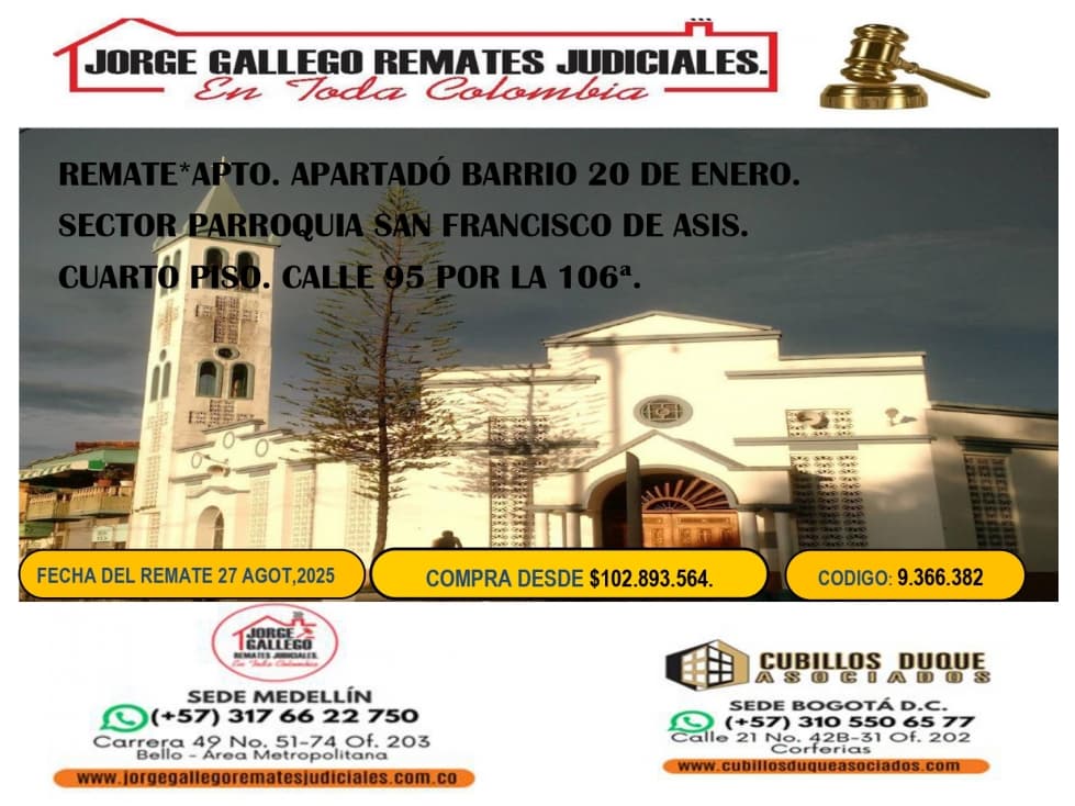 REMATE*APTO, APARTADÓ BARRIO 20 DE ENERO. - 1