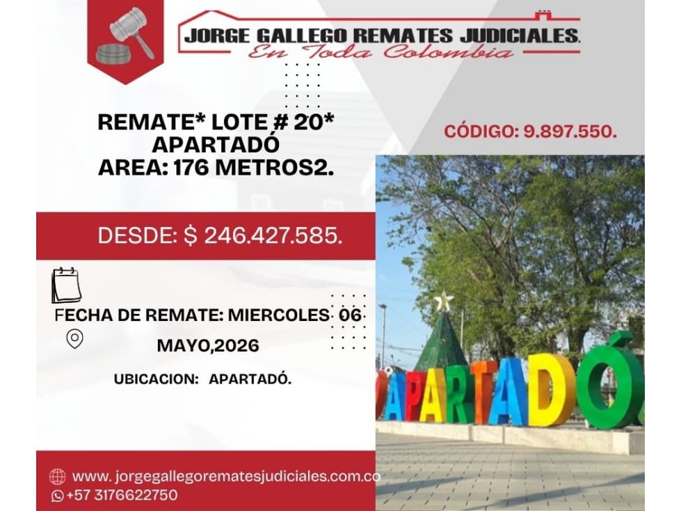 REMATE* LOTE AREA 176 METROS2* APARTADÓ - 1