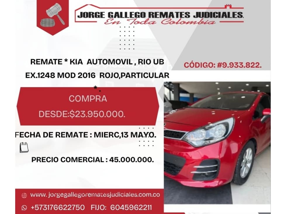 REMATE * KIA AUTOMOVIL , RIO UB EX.1248 MOD 2016 ROJO,PARTICULAR * - 1
