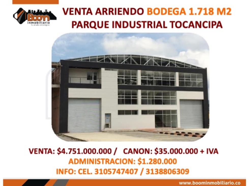 VENTA ARRIENDO BODEGA 1.718 M2 PARQUE INDUSTRIAL TOCANCIPA - 1