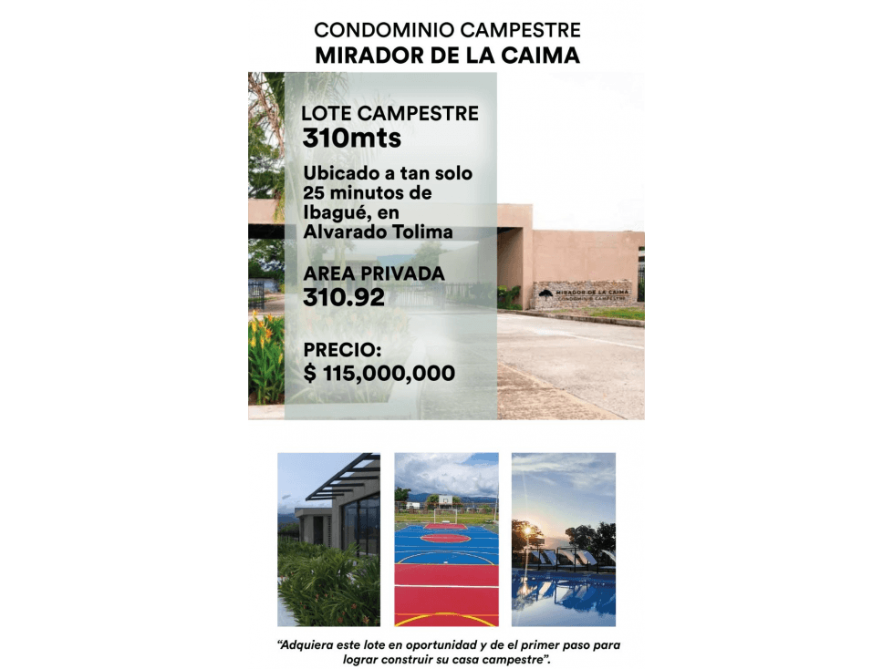 VENDO LOTE EN CONJUNTO CERRADO MIRADOR DE LA CAIMA ALVARADO - 1