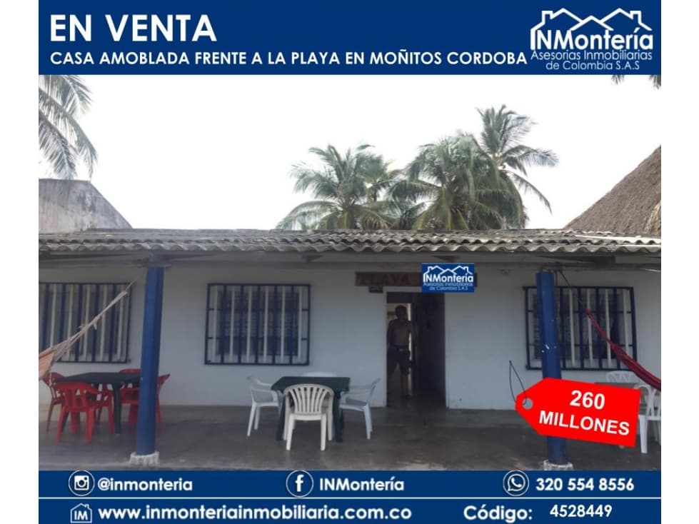 SE VENDE CASA  AMOBLADA FRENTE A LA PLAYA EN MOÑITOS CORDOBA - 1