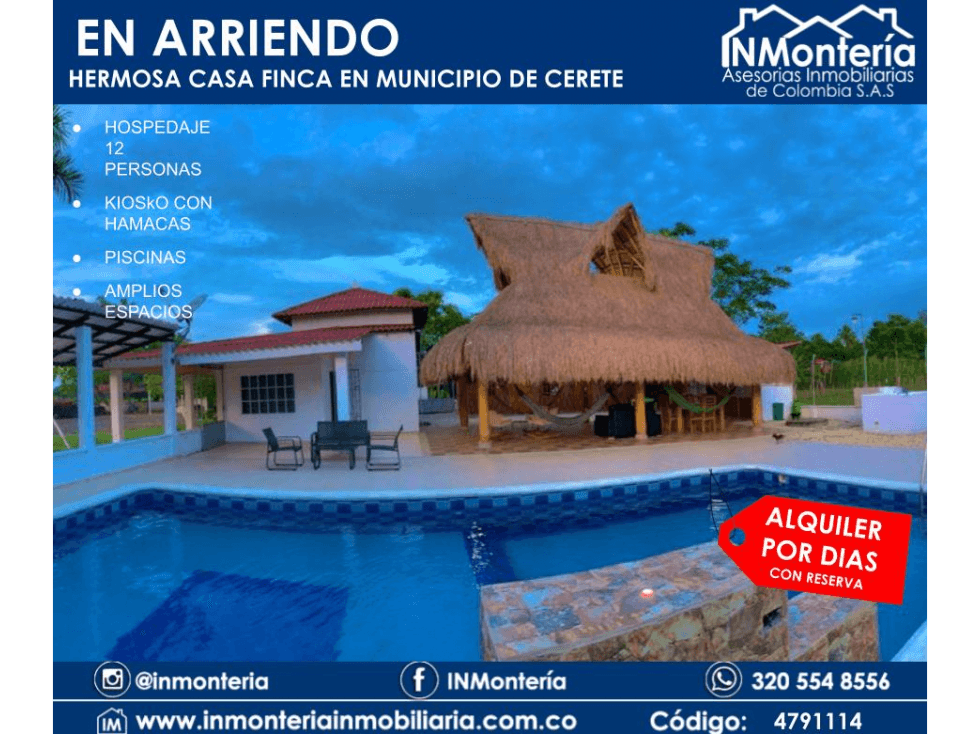 SE ARRIENDA POR DIAS HERMOSA CASA FINCA EN CERETE - 12 PERSONAS - 1